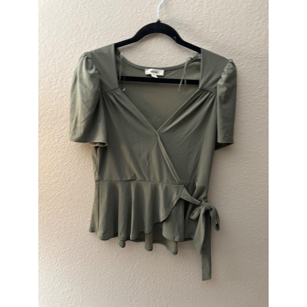 Meraki Olive Green Wrap Peplum Top Short Puff Sleeve Side Tie Blouse S A1078